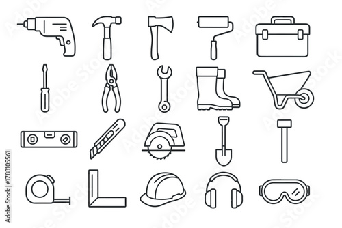 Construction Tools Line Icons Set — Building Equipment and Safety Gear Outline Collection