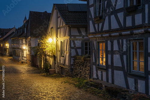 Fototapeta Naklejka Na Ścianę i Meble -  A small, romantic alley in the old town of Idstein in the Taunus region of Hesse, illuminated by streetlights in the evening.