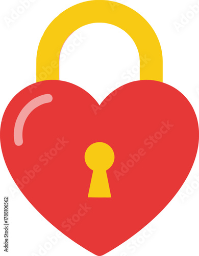 Heart-shaped red padlock with a yellow shackle and keyhole, symbolizing love, security, and commitment in a cute flat design style illustration vector.