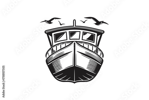 Monochrome fishing vessel silhouette showing seagulls flying above its structure suggests a maritime adventure