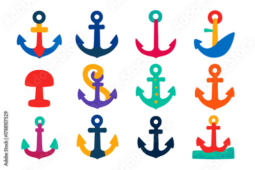 Colorful Anchor Icons. Flat vector icons of anchors: admiralty anchor, stockless anchor, grapnel anchor, plow anchor, mushroom