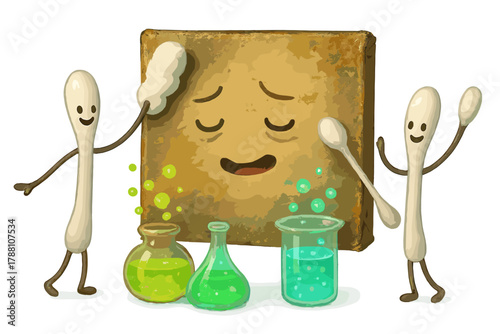 Art Restoration Delight. Cleaning session with playful cotton swabs, glowing solvents, and an old canvas sighing with relief No