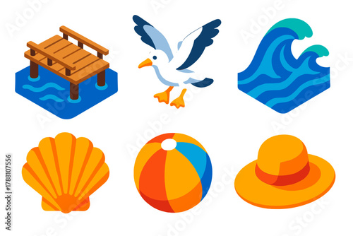 Coastal Vacation Icons. Isometric vector illustration set Coastal Vacation: pier dock, seagull landing, ocean waves, seashell,
