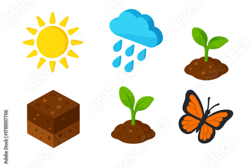 Natural Ecosystem Icons. Isometric vector illustration set Natural Ecosystem: shining sun, falling rain, fertile soil, green
