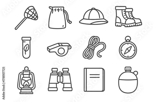 Fieldwork Essentials Icons. Line style icons of classic fieldwork: net, canvas bag, explorer hat, boots; specimen tube, whistle,