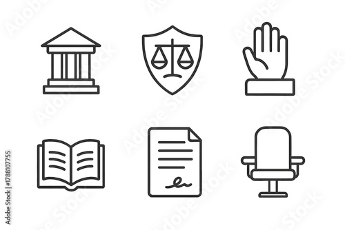 Legal Icons Collection. Line style icons of Legal Standing: courthouse column, shield of law, raised hand oath, open book,