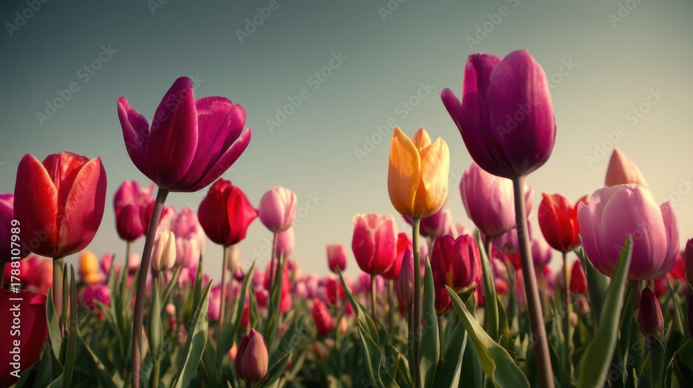 Fototapeta premium Vibrant Field of Colorful Tulips in Bloom During Golden Hour with Soft Sky Background and Nature's Tranquility Captured in Stunning Detail