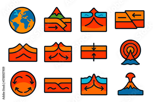 Tectonic Plate Icons. Flat vector icons of plate tectonics: tectonic plate map, subduction zone, mid-ocean ridge, transform fault,