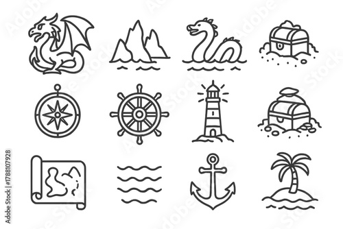 Mythical Map Icons. Line style icons of Mythical Maps: Dragon Illustration, Jagged Coast, Sea Serpent, Hidden Treasure; Compass,
