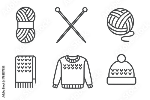 Knitting Basics Icons. Line style icons of knitting basics: yarn, knitting needles, ball of wool, scarf, sweater, hat. No text, No