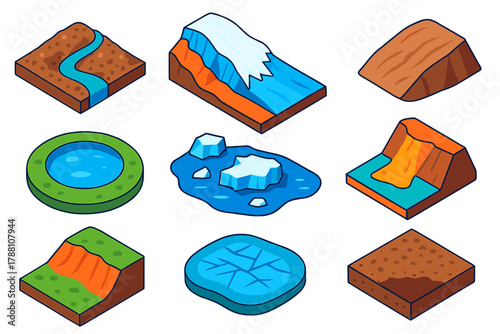 Glacial Retreat Icons. Isometric vector illustration set Glacial Retreat: moraine deposits, icy meltwater river, shrinking glacier
