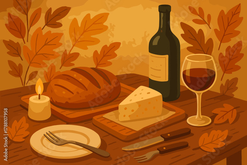 Rustic Autumn Feast. Cozy autumn dinner table with freshly baked bread, cheese, and wine, warm natural vector illustration