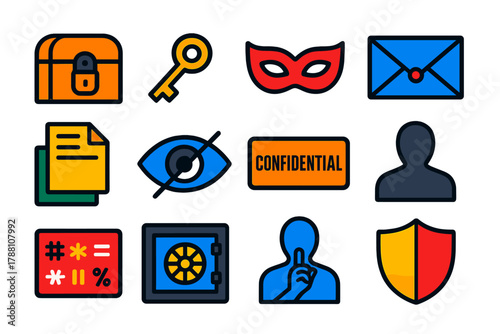 Sociology of Secrecy Icons. Flat vector icons of sociology of secrecy concepts: locked chest, key, mask, closed envelope, hidden