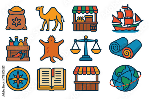 Trade History Icons. Flat vector icons of trade history: spice sack, caravan camel, medieval market, merchant ship, colonial goods