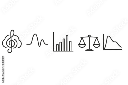 Harmonic Line Icons. Line style icons of Harmonic Content in Music: chord resonance icon, timbre shape waveform, instrument