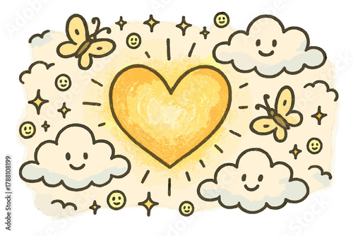 Heart-Shaped Eidolon. A doodle of an eidolon shaped like a glowing heart, surrounded by cheerful clouds, playful butterflies, and