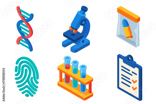Crime Lab Elements. Isometric vector illustration set Crime Lab: double helix DNA, microscope tool, evidence bag, fingerprint