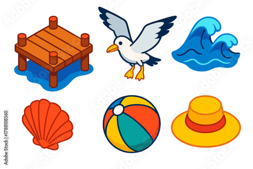 Coastal Vacation Icons. Isometric vector illustration set Coastal Vacation: pier dock, seagull landing, ocean waves, seashell,