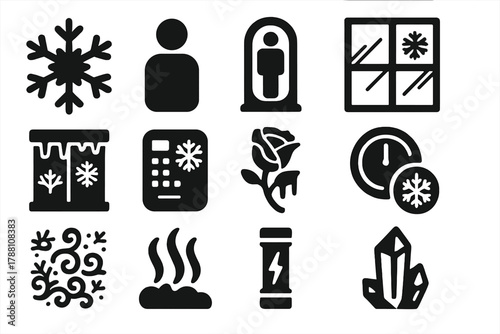 Frozen Future Icons. Solid style icons of Frozen Future: Ice Crystal, Human Silhouette, Cryo Pod, Frosted Window, Freezing Chamber