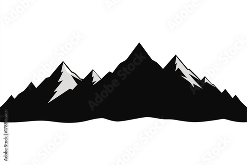 Monochrome mountain range with jagged snowy peaks against a white background creates a striking contrast