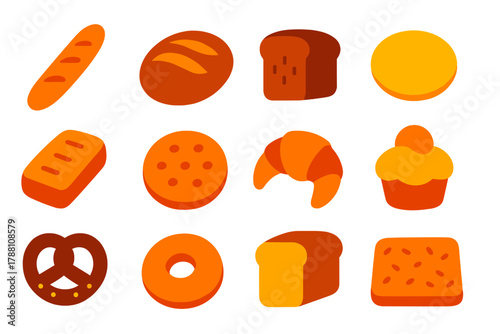 Colorful Bread Icons. Flat vector icons of bread types: baguette, sourdough loaf, rye bread, pita bread, ciabatta, focaccia,