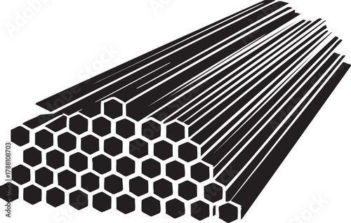 Parallel bars intersect a wall constructed from closely packed black hexagons on a transparent background