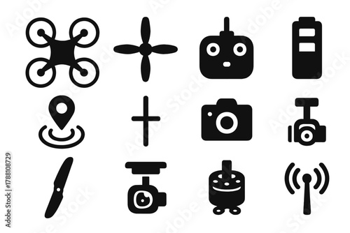 Drone Technology Icons. Solid style icons of drone technology: quadcopter, propeller, controller, battery, GPS module, antenna,