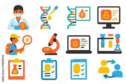 Modern Research Workflow Icons. Flat vector icons of parasite research workflow: lab technician, DNA extraction, sequencing, data