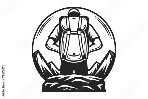 Monochrome shows a hiker with a backpack silhouetted against rugged mountains within an oval frame