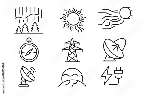 Geomagnetic Event Icons. Line style icons of Geomagnetic Events: Aurora Borealis, Geomagnetic Storm, Solar Wind, Satellite