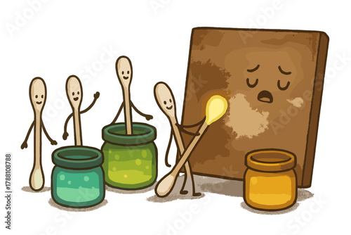 Art Restoration Delight. Cleaning session with playful cotton swabs, glowing solvents, and an old canvas sighing with relief No