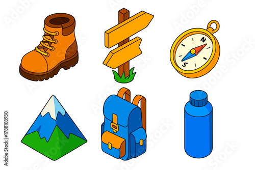 Hiking Adventure Icons. Isometric vector illustration set Hiking Adventure: sturdy boot, wooden trail sign, classic compass,