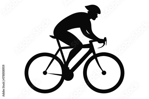 Silhouette shows cyclist with helmet riding bike on white, offering a sporty and modern appeal