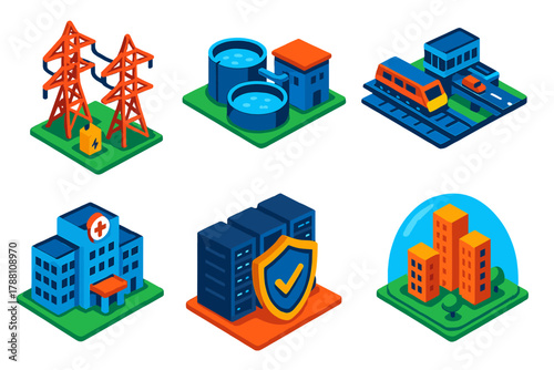 Critical Infrastructure Icons. Isometric vector illustration set Critical Infrastructure Protection: power grid icon, water