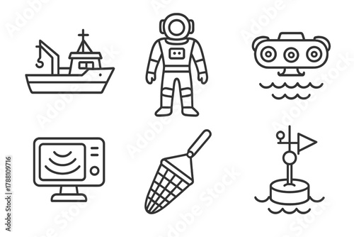 Marine Research Icons. Line style icons of marine biology research: research vessel, diving suit, underwater drone, sonar device,