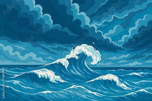 Dramatic Ocean Waves. Serene ocean waves crashing under a dramatic cloudy sky, vibrant blues and whites capturing the power of