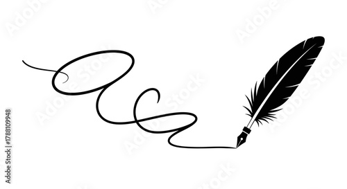 Black and white illustration of a quill pen writing a cursive line, symbolizing writing, literature, or creativity.