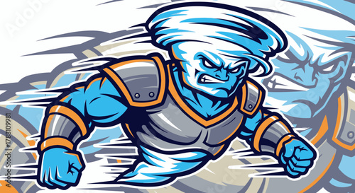 A fierce cartoon character, a blue tornado with an angry expression, wearing armor and moving fast.