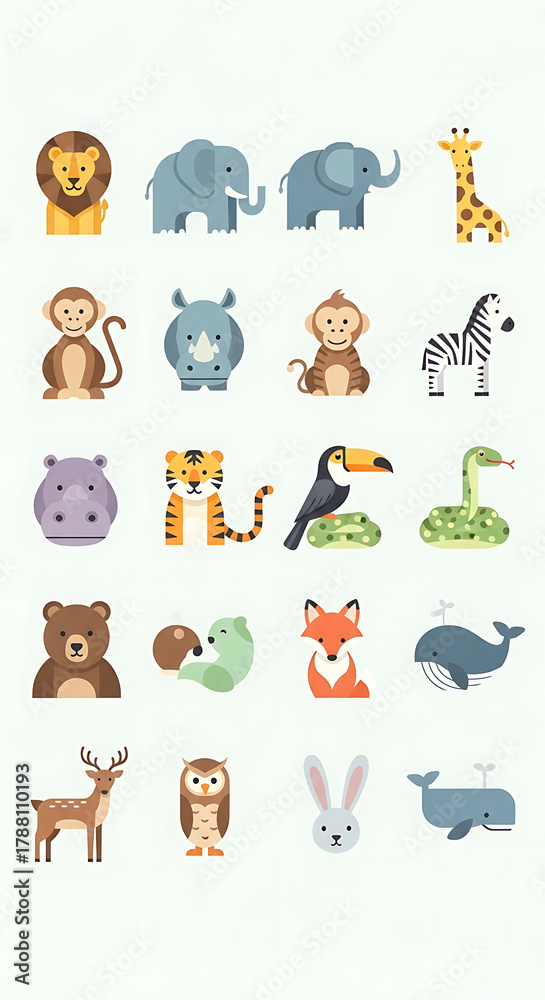 Obraz premium A vibrant collection of cartoon animal illustrations, showcasing a diverse range of wildlife from various habitats on a clean white background.