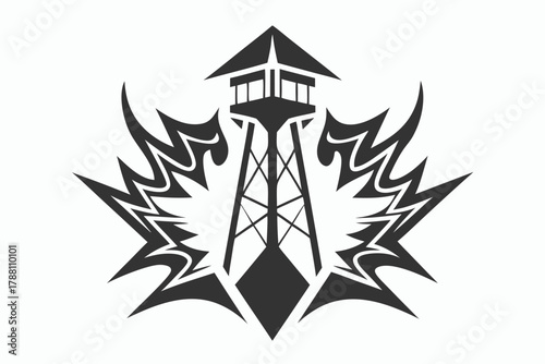 Security tower emblem stands boldly amidst stylized burst, creating a powerful defensive icon