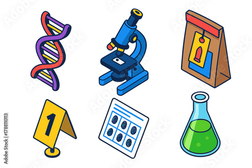 Forensic Lab Instruments. Isometric vector illustration set Forensic Lab Equipment: DNA strand graphic, high power microscope,