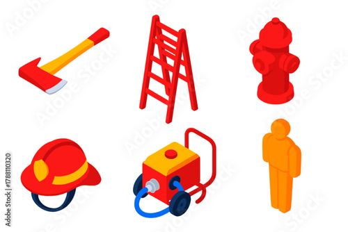 Firefighter Training Icons. Isometric vector illustration set Firefighter Training: axe on ground, training ladder, practice
