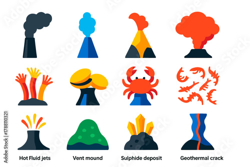 Hydrothermal Vent Icons. Flat vector icons of hydrothermal vents: black smoker chimney, white smoker vent, mineral deposit vent,