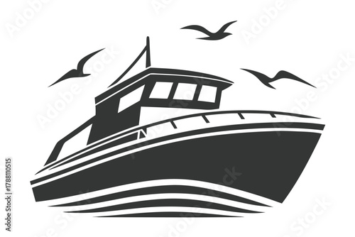Silhouette boat cruising through sea waves with birds flying around a white background