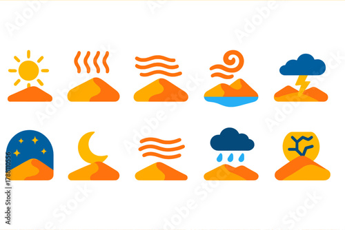 Desert Weather Icons. Flat vector icons of desert weather: blazing sun, heat haze, dust storm, sandstorm swirl, mirage reflection,