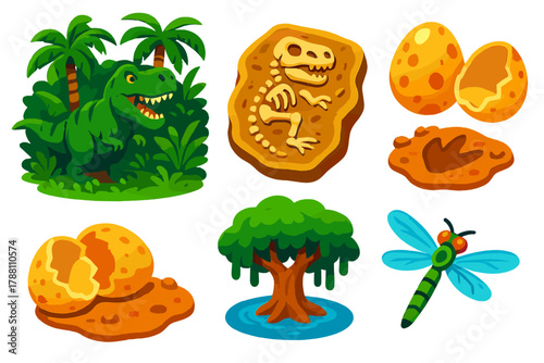 Prehistoric Jungle Icons. Isometric vector illustration set Prehistoric Nature: T-Rex in jungle, fossil skeleton, egg shell,