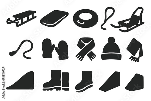 Solid Sledding Icons. Solid style icons of sledding: wooden sled, plastic toboggan, snow tube, dog sled, snow track, rope handle,