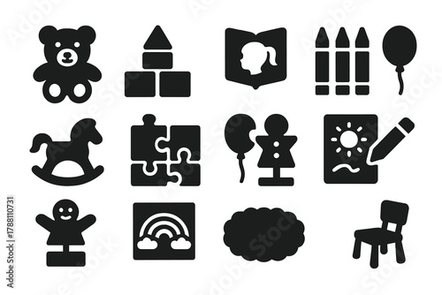 Children's Corner Icons. Solid style icons of children’s corner: teddy bear, toy blocks, storybook, crayons, rocking horse, puzzle