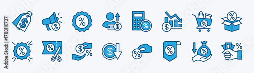 Set of discount promotion icon. Contains price tag, offer sale label, shopping coupon badge, percent sticker, calculate tax deduction, bonus, rebate, down prices, cashback, low sell, gift - vector
