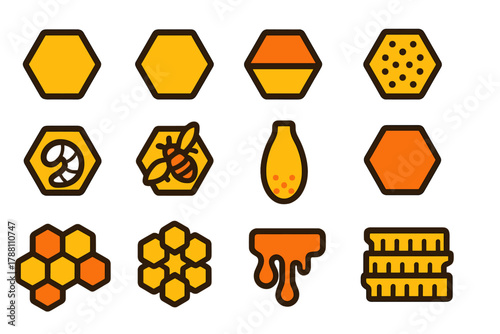 Minimalist Honeycomb Icons. Flat vector icons of honeycomb patterns: hexagonal wax cell, filled honey cell, capped honey cell,